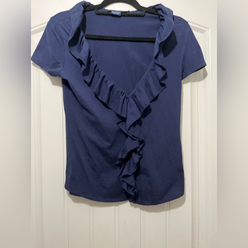 Ralph Lauren Sport Deep Blue Ruffle V-Neck Blouse, Size Medium